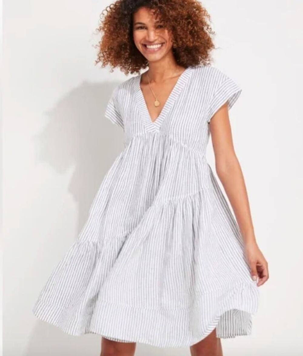 Vineyard Vines Gray White St Barths Jet Stripe Tiered Linen Dress Size S